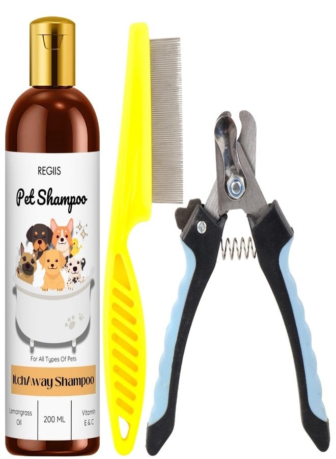 شامبو ريجيس للحيوانات الأليفة للكلاب، تركيبة مضادة للحكة مع زيت عشبة الليمون، وفيتامينات E وC، 200 مل، يتضمن مشطًا معدنيًا للبراغيث ومقص أظافر - Image 1